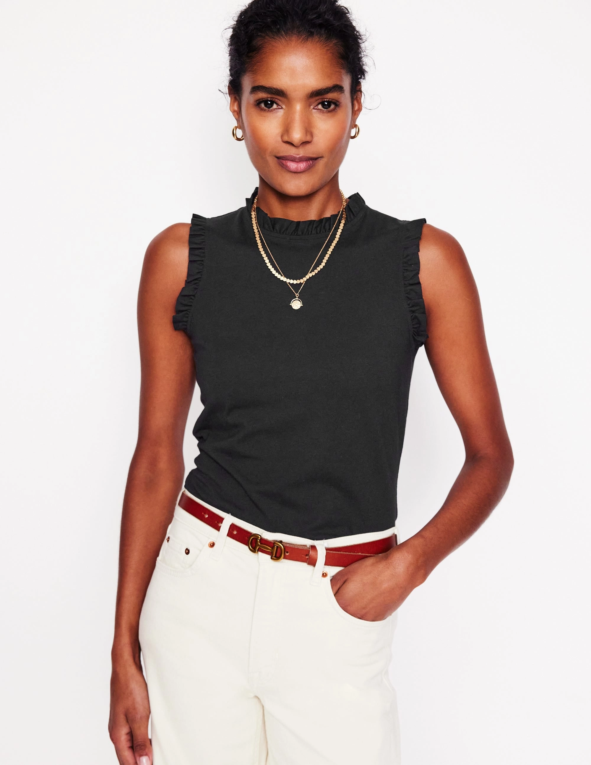 HiddenPocket Supersoft Frill Detail Vest-Black