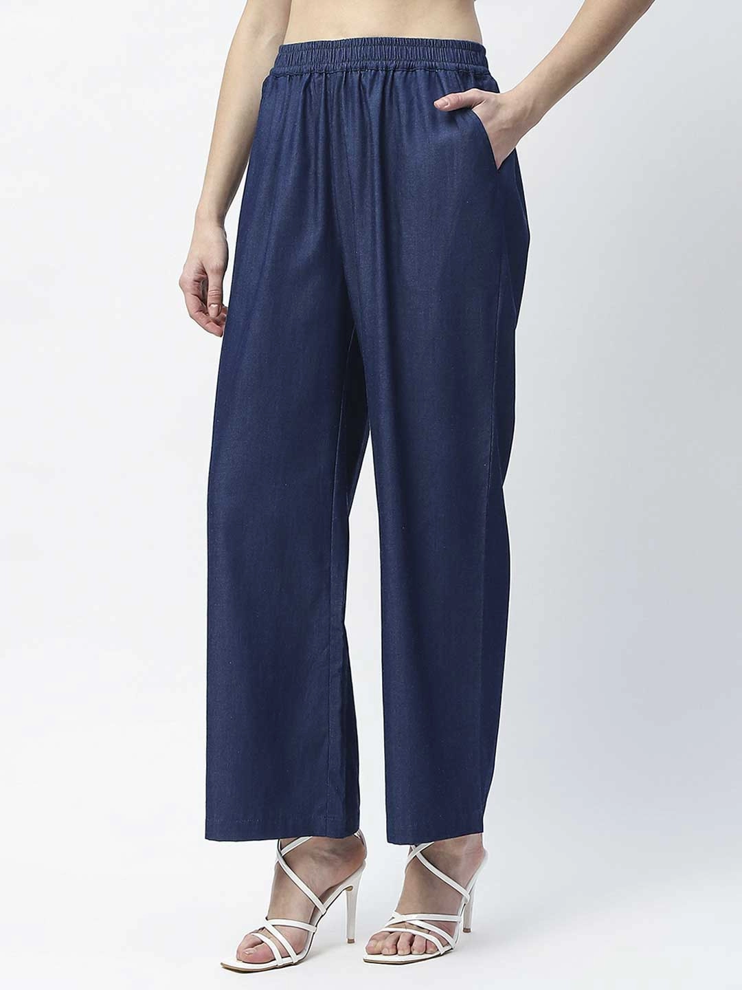 Madame Wide Leg Navy Blue Cotton Blend Trousers No Bunching Flexible Use
