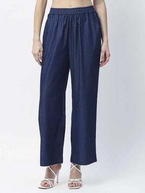 Comfort Wear Madame Wide Leg Navy Blue Cotton Blend Trousers
