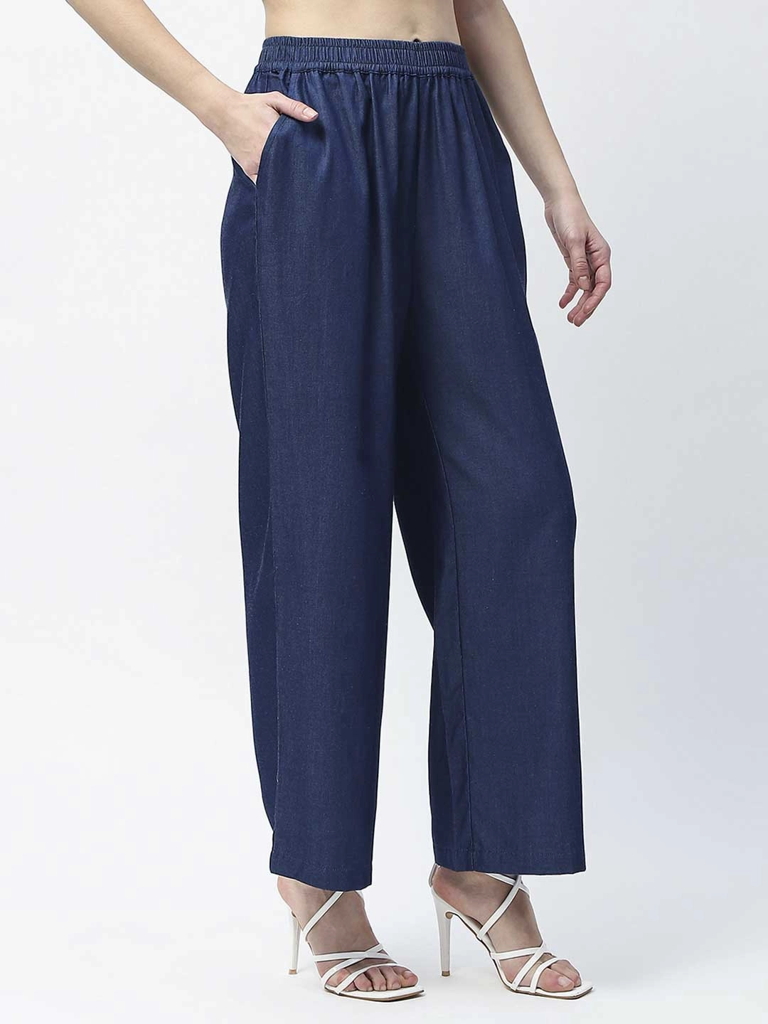 Fit Flex Madame Wide Leg Navy Blue Cotton Blend Trousers
