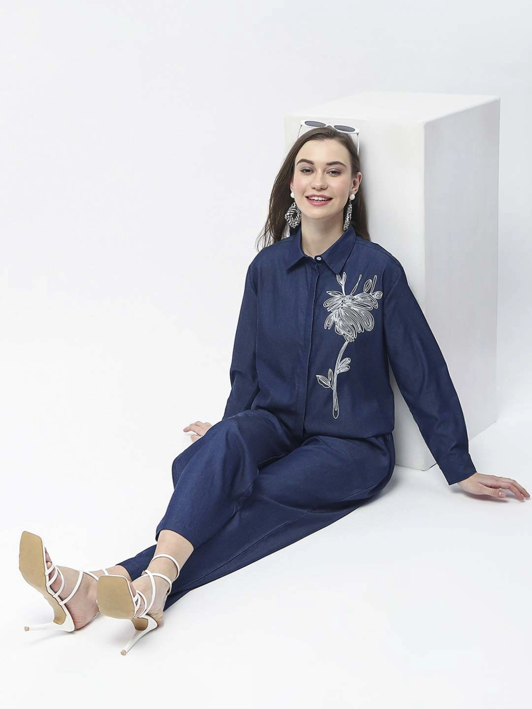 wrinkle free Commuter Ready Madame Wide Leg Navy Blue Cotton Blend Trousers