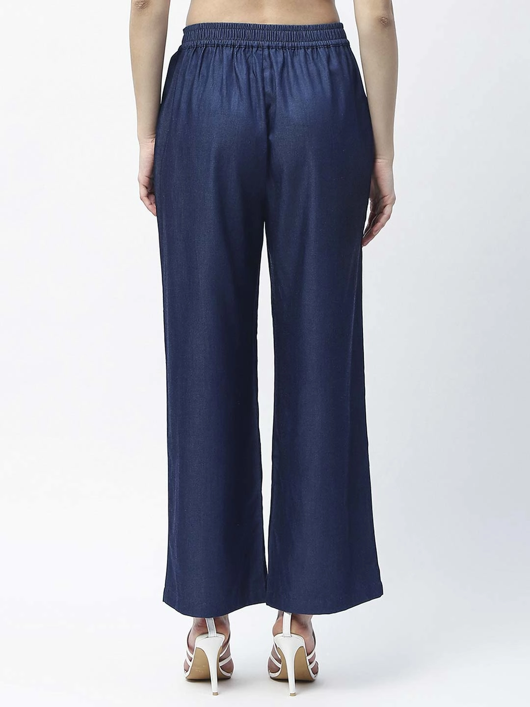 work mode Madame Wide Leg Navy Blue Cotton Blend Trousers