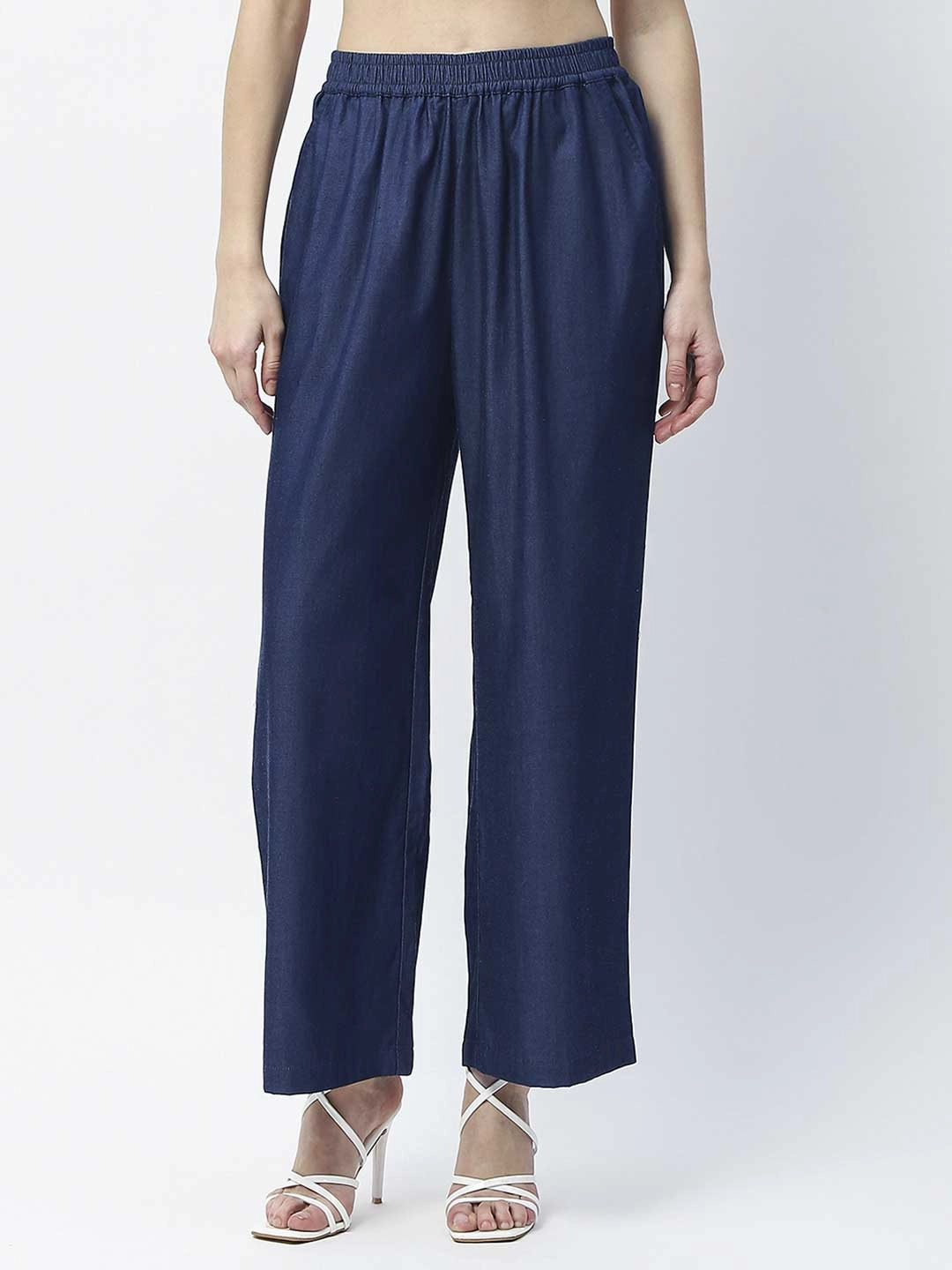 Comfort Wear Madame Wide Leg Navy Blue Cotton Blend Trousers