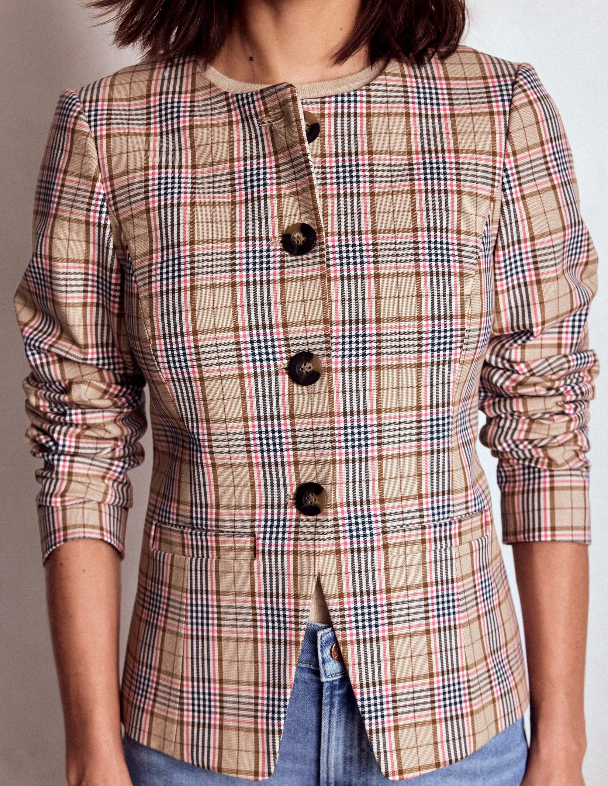 Hampstead Linen Blazer-Brown, Pink & Navy  Check Zippered Vents UV protection layer