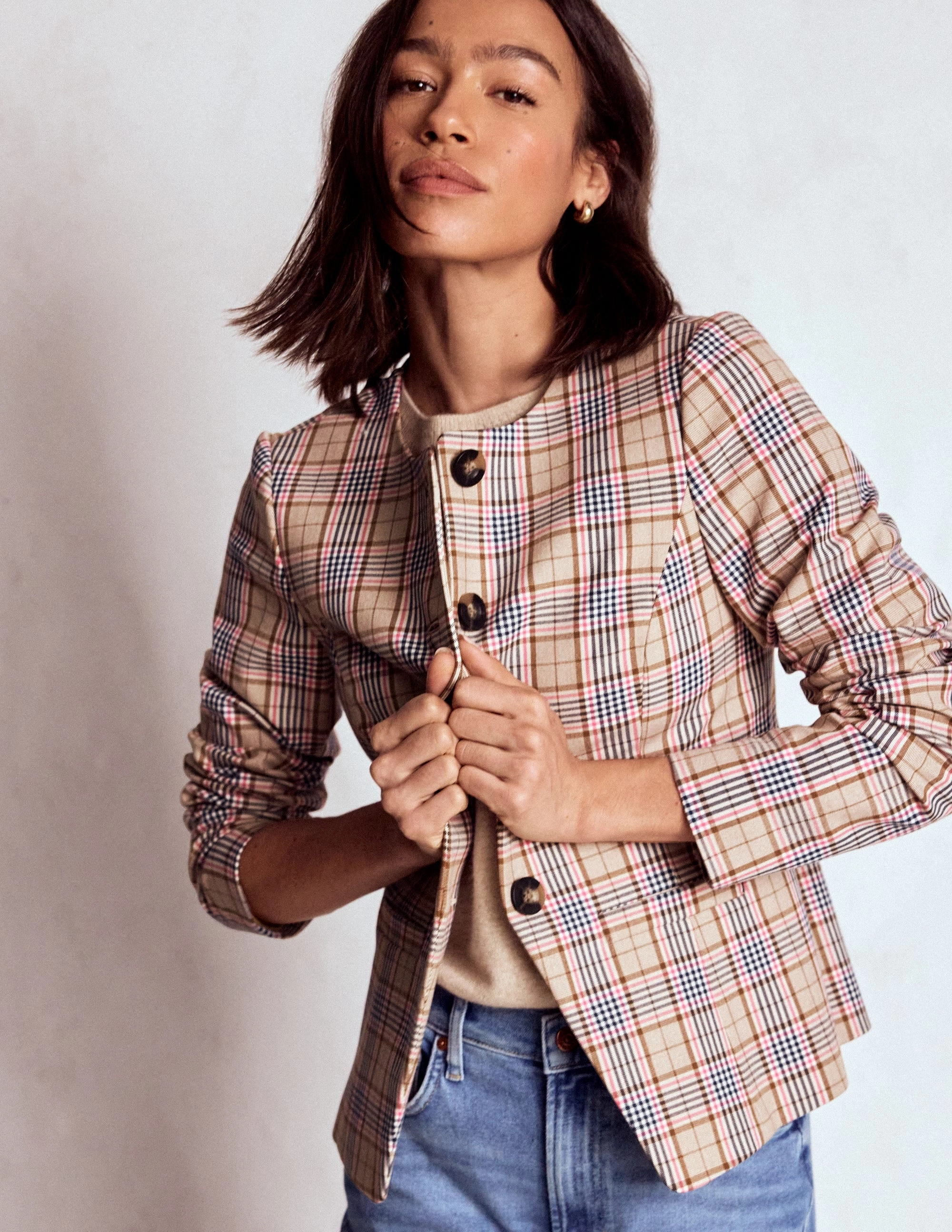 Hampstead Linen Blazer-Brown, Pink & Navy  Check LowProfileStitching InterchangeableLining
