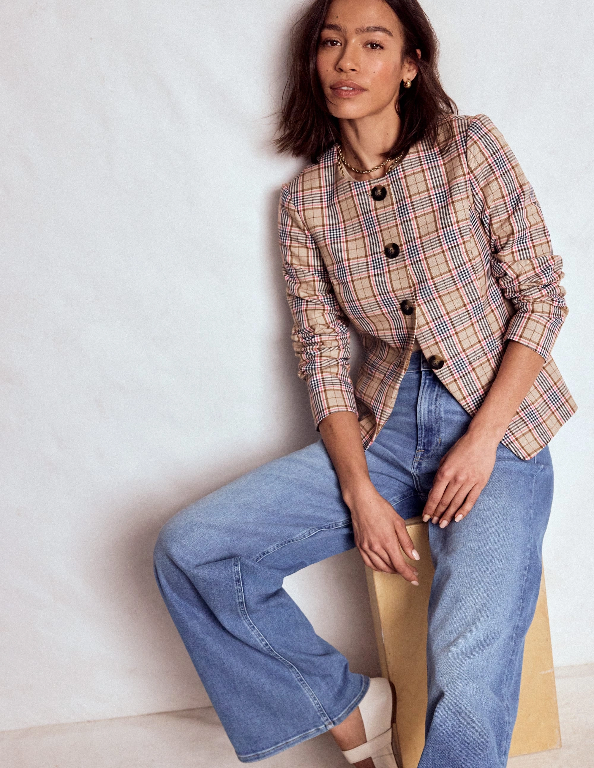 Classic Fit Cut Hampstead Linen Blazer-Brown, Pink & Navy  Check