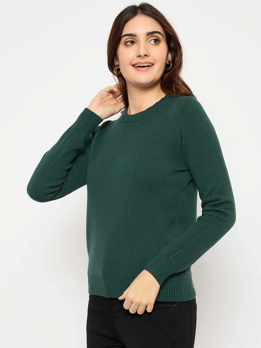 Warm and Snuggly Soft Knit Piece Madame Ribbed Cuffs Round Neck Bottle Green Sweater