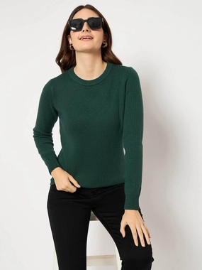 Madame Ribbed Cuffs Round Neck Bottle Green Sweater Flexible Waist