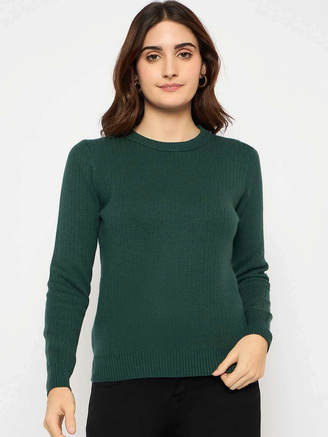 Madame Ribbed Cuffs Round Neck Bottle Green Sweater Temperature Regulating Fabric