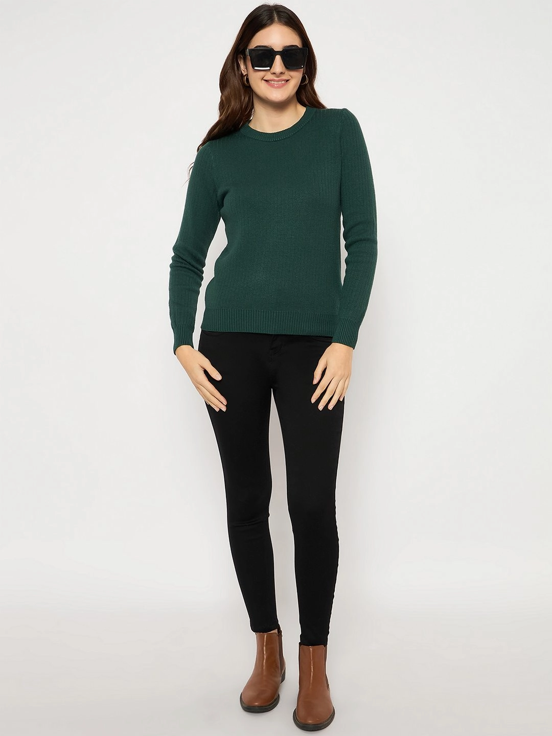 Madame Ribbed Cuffs Round Neck Bottle Green Sweater Comfy Warmth Knit Comfort Wear