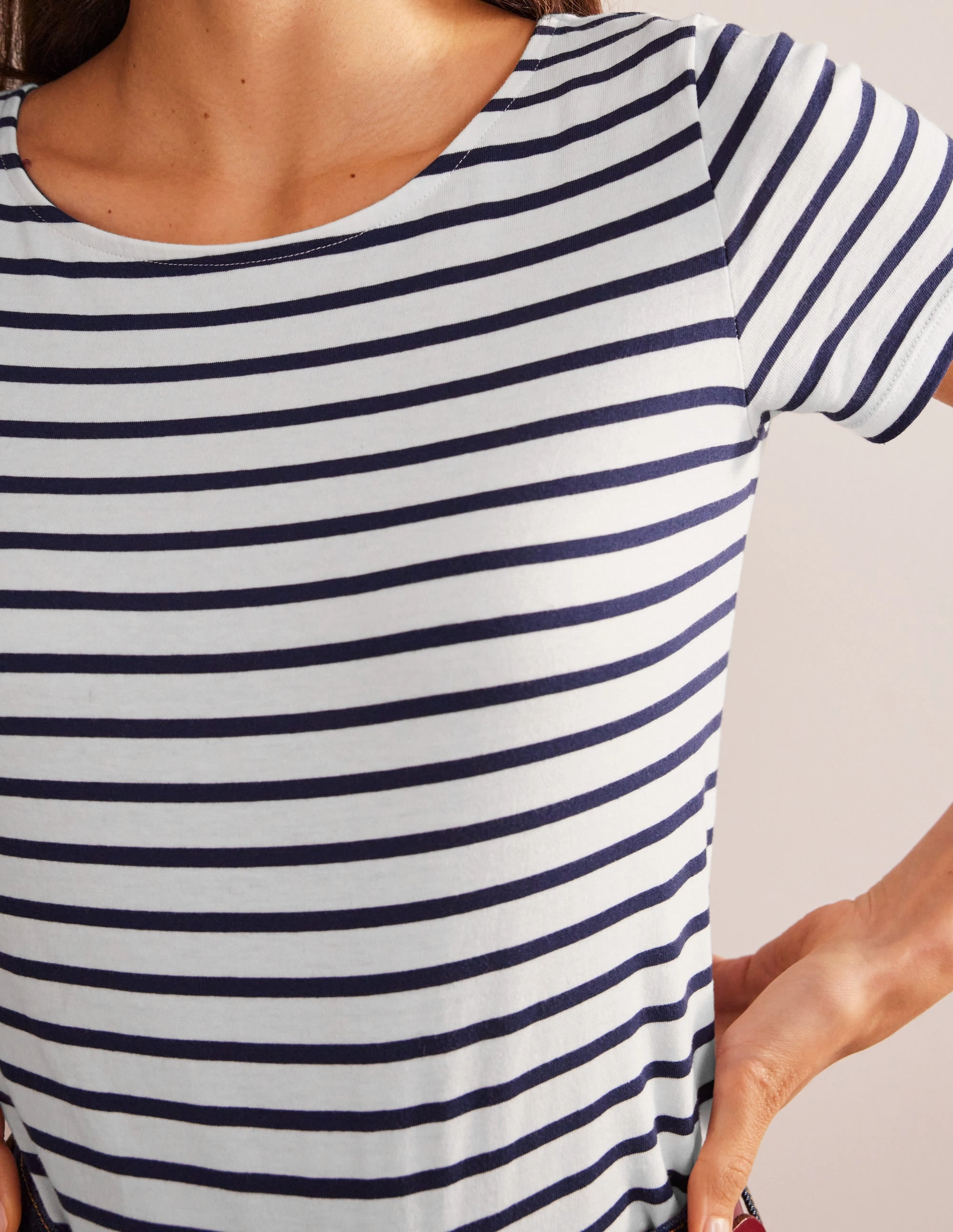 Ella Short Sleeve Breton-Ivory, Navy MultiLayer Stitching Printed T-shirt