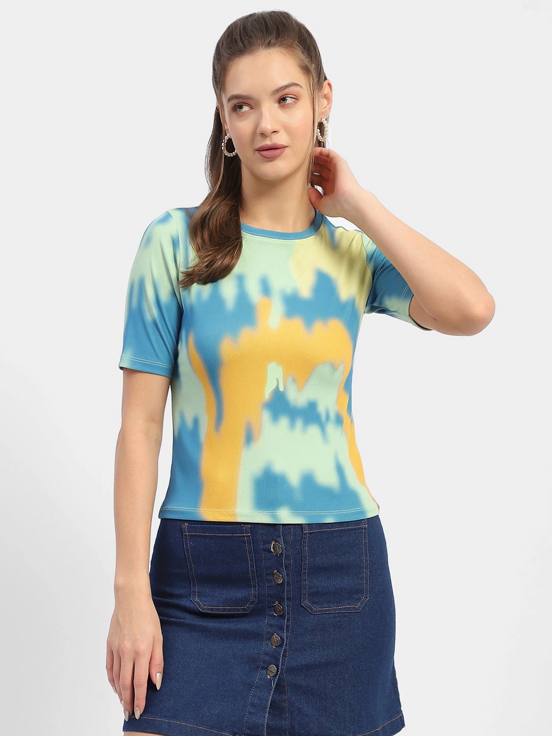 Denim combination Performance Layer Madame Abstract Print Orange Regular T-Shirt