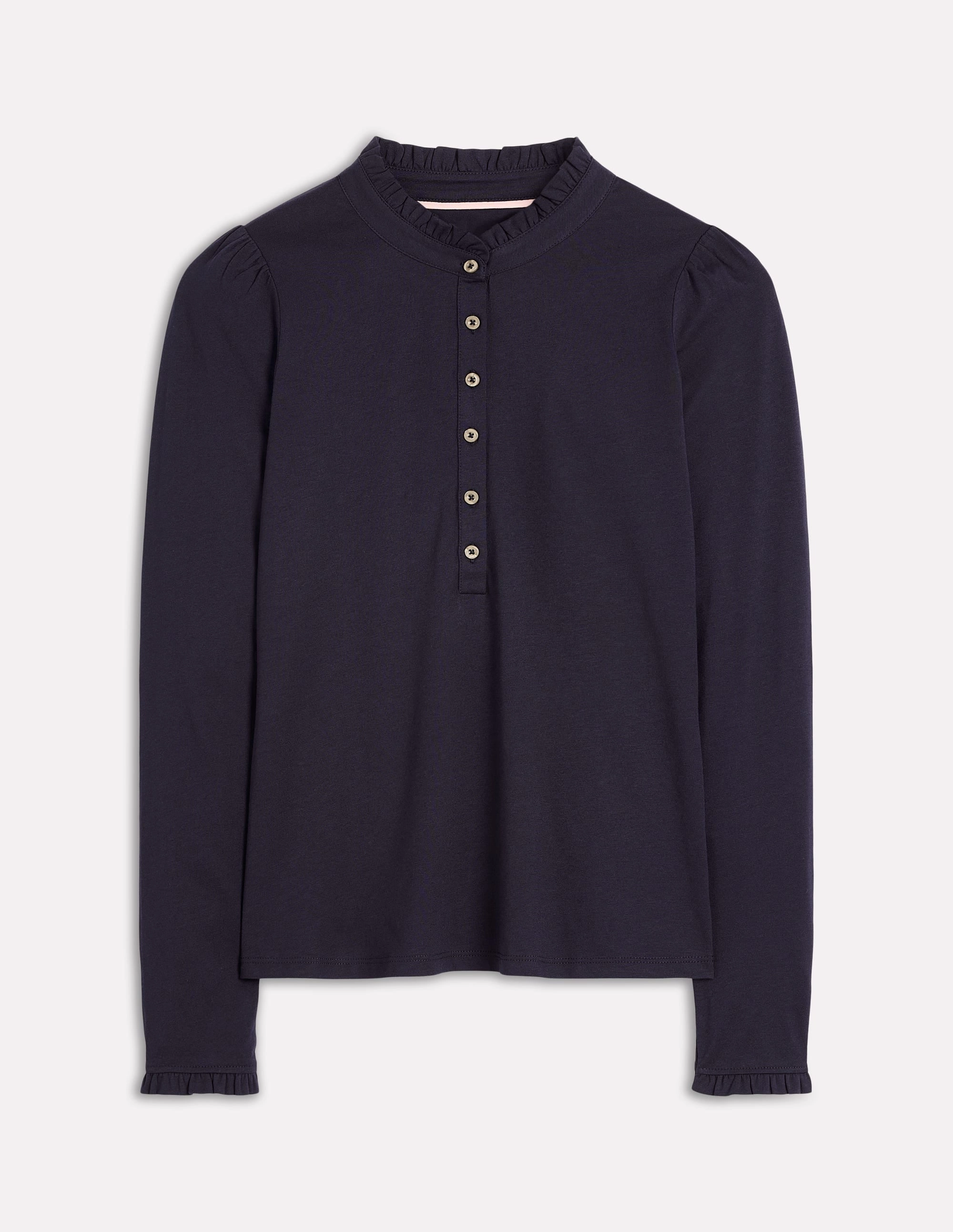 Supersoft Frill Henley Top-Navy DoubleStitched Hem