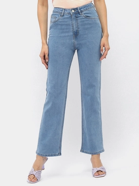 Madame Solid Light Blue Wide Leg Denim Jeans Stylish Vibrant All Around