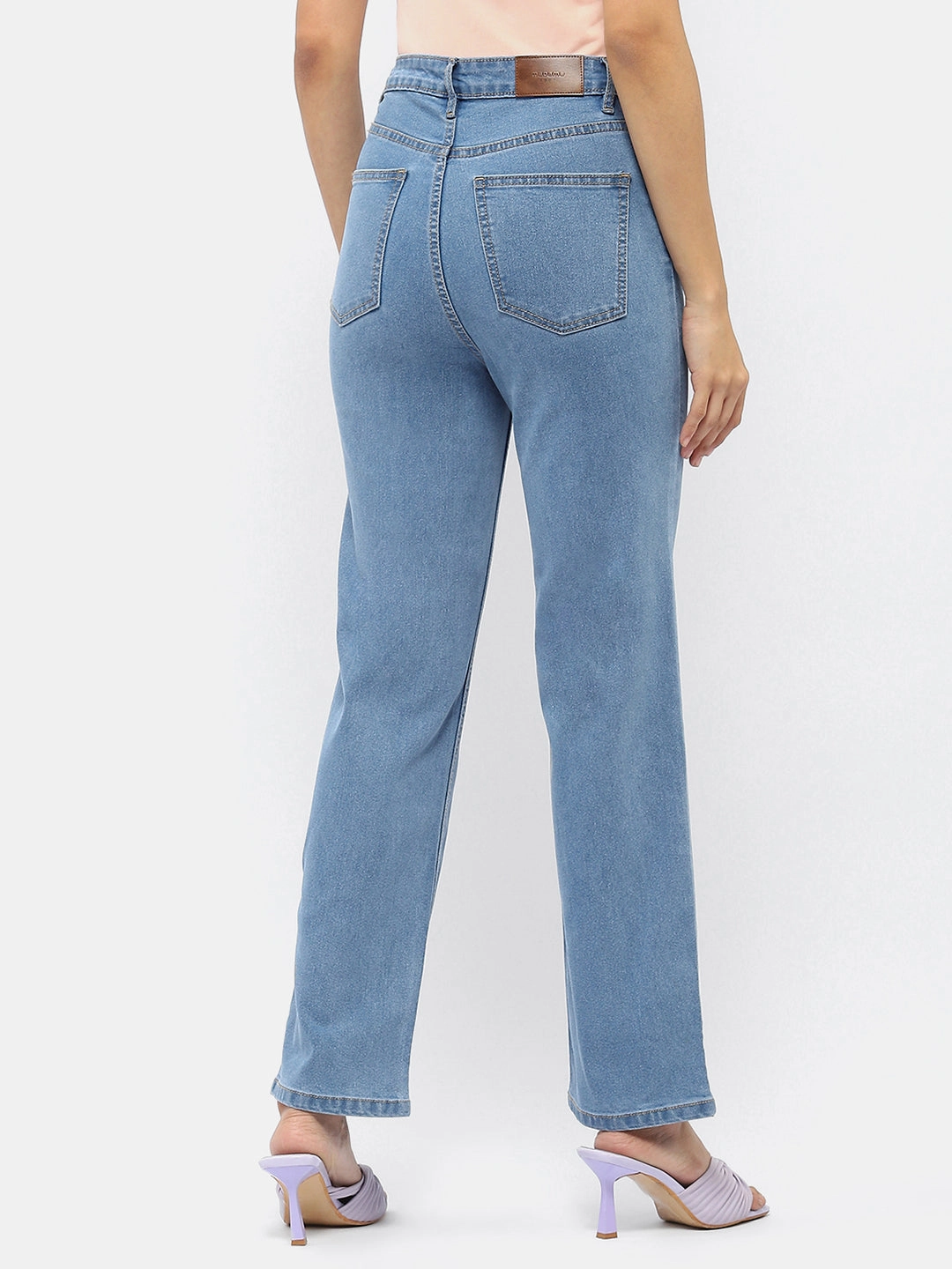 Madame Solid Light Blue Wide Leg Denim Jeans Elegant Minimalist Outdoor Adventure