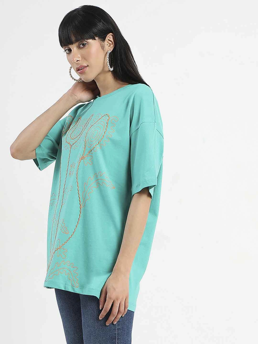 Madame Graphic Print Half Sleeve Peacock Green Cotton T-Shirt Comfy Choice