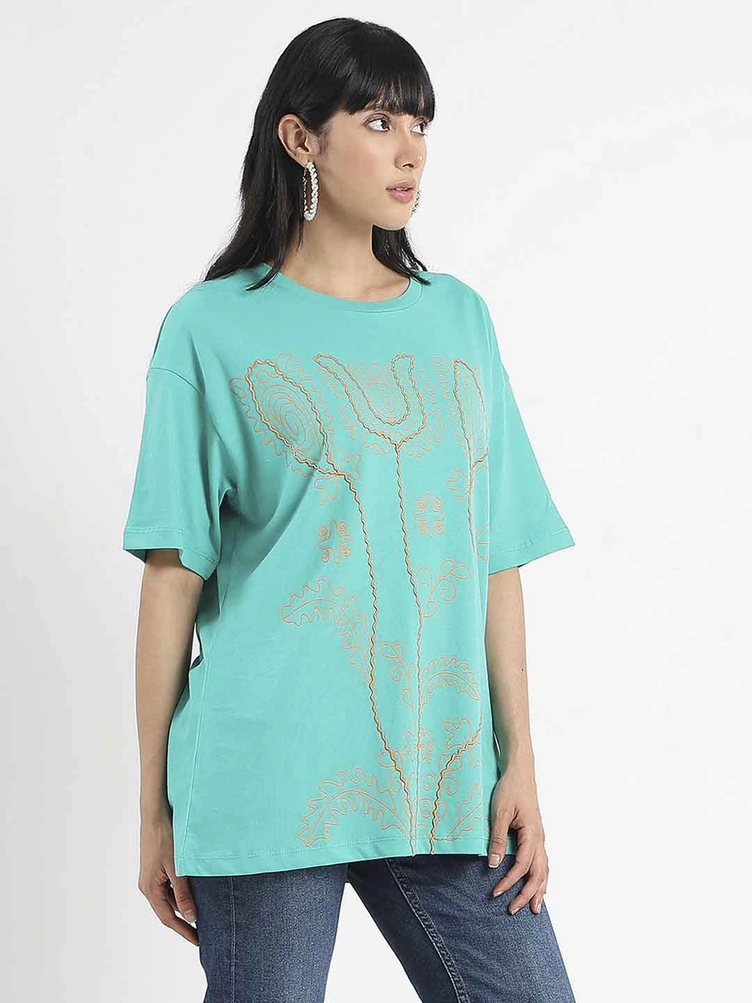 Madame Graphic Print Half Sleeve Peacock Green Cotton T-Shirt Soft and Stylish