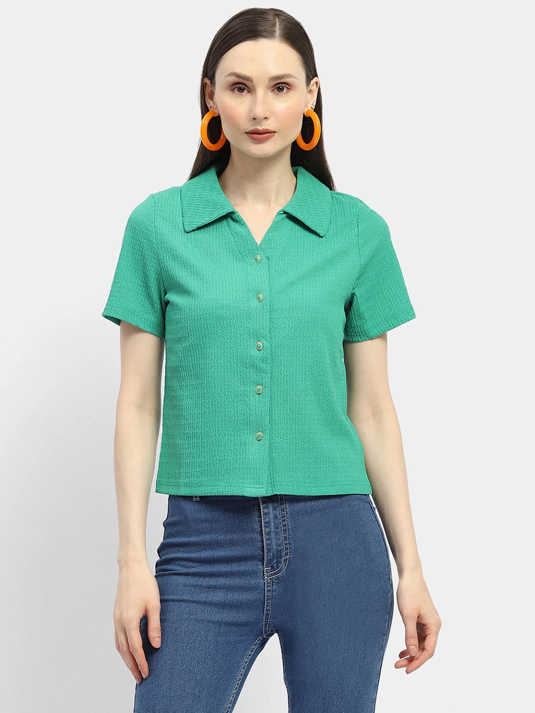 Networking Session Double Stitched Hems Madame Textured Green Half Sleeve Shirt