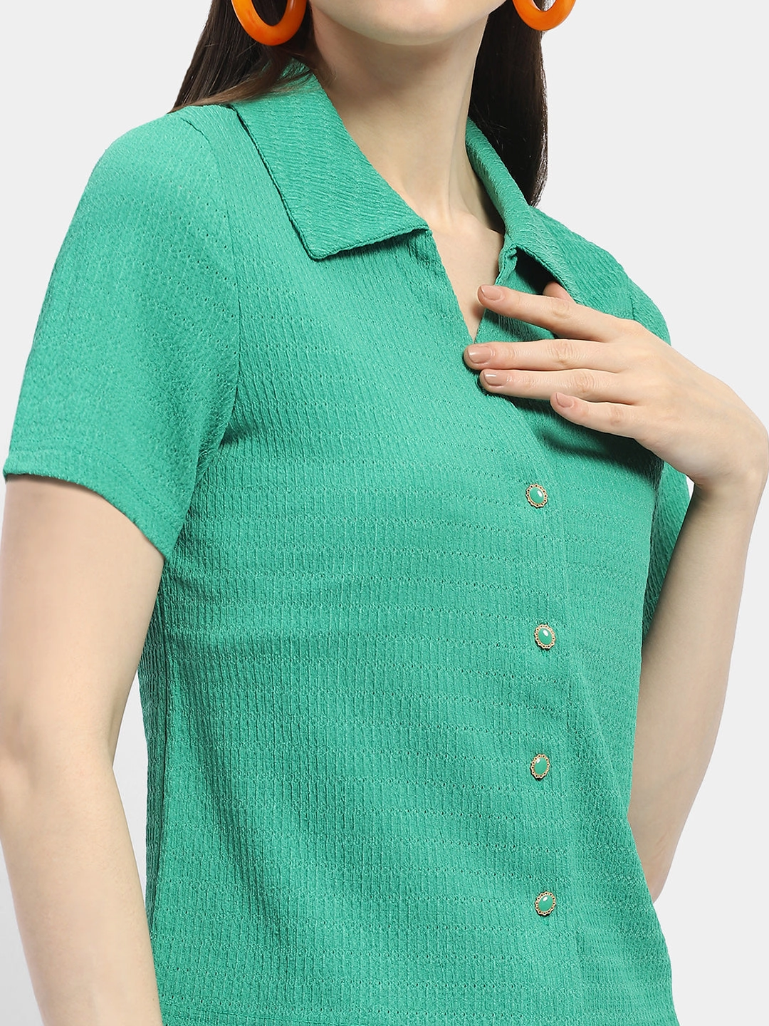 Madame Textured Green Half Sleeve Shirt color block Wardrobe Essential