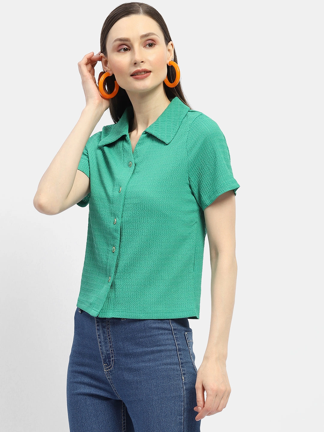 Odor control Madame Textured Green Half Sleeve Shirt