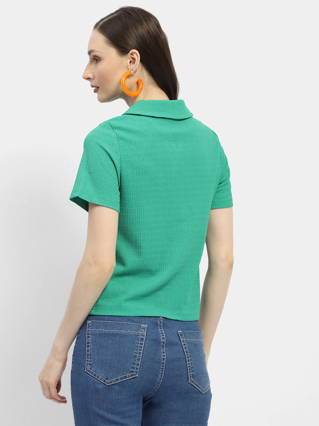 Madame Textured Green Half Sleeve Shirt Youthful Vibe