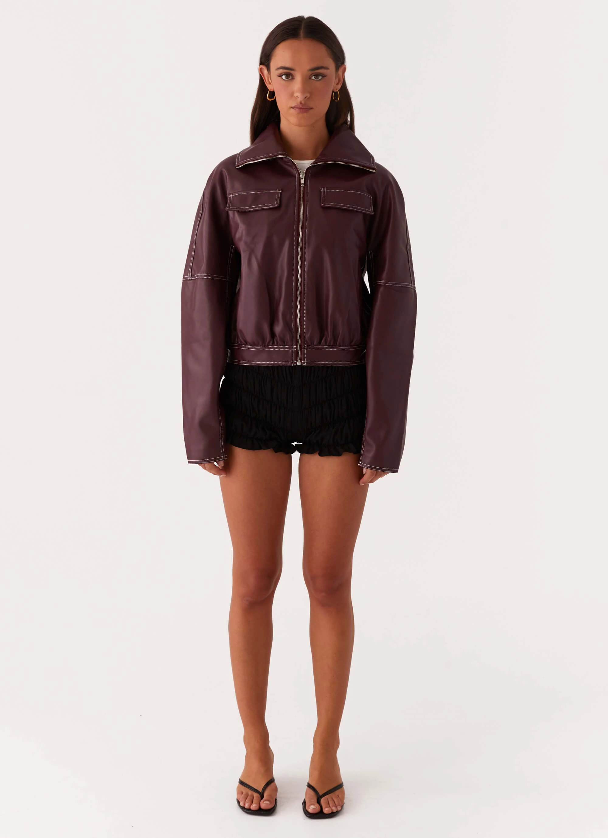 Cool Season Mesh Lining Meant To Be PU Boxy Jacket - Wine
