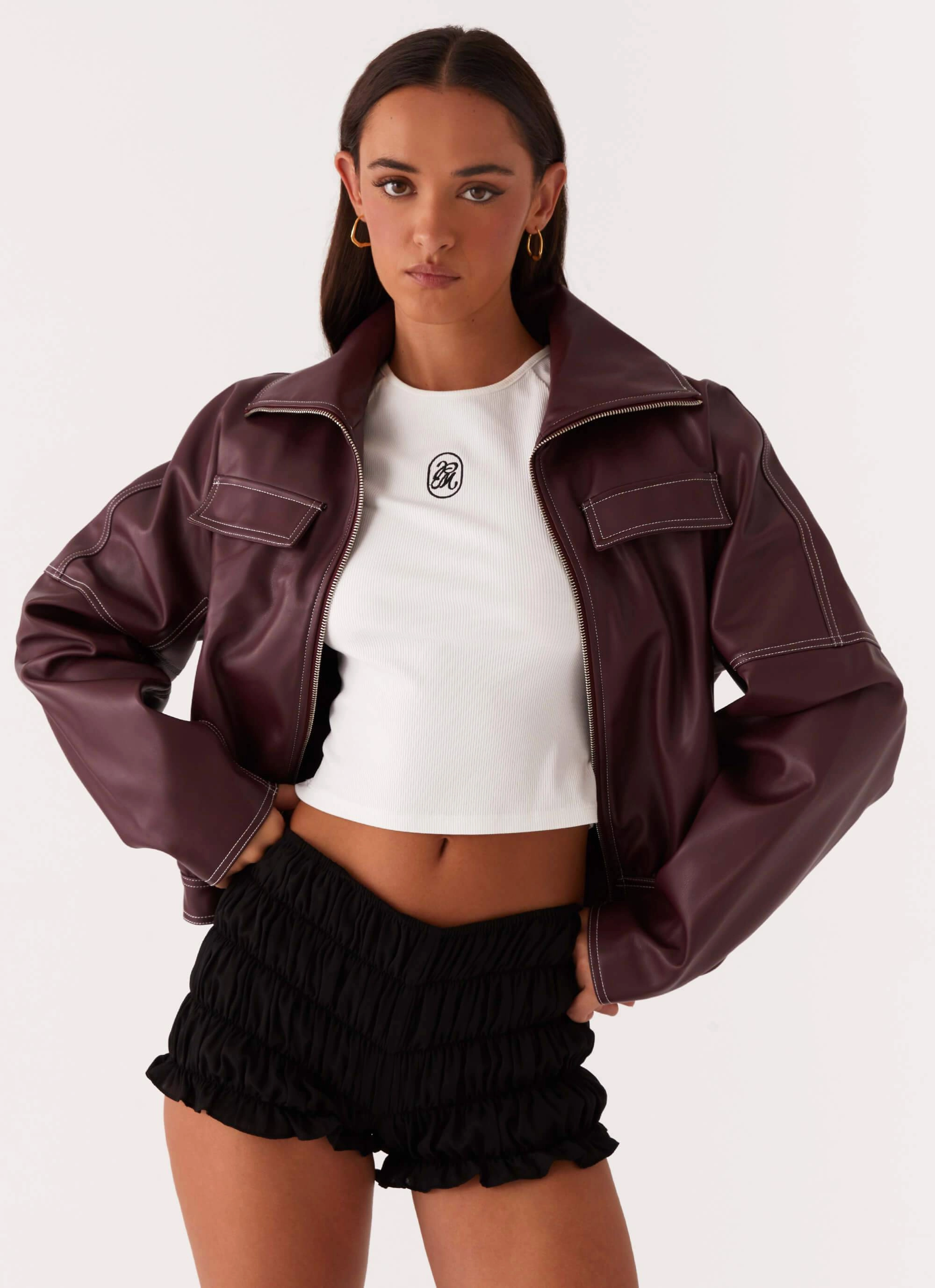Meant To Be PU Boxy Jacket - Wine Lightweight Windbreaker Tech Soft Fleece