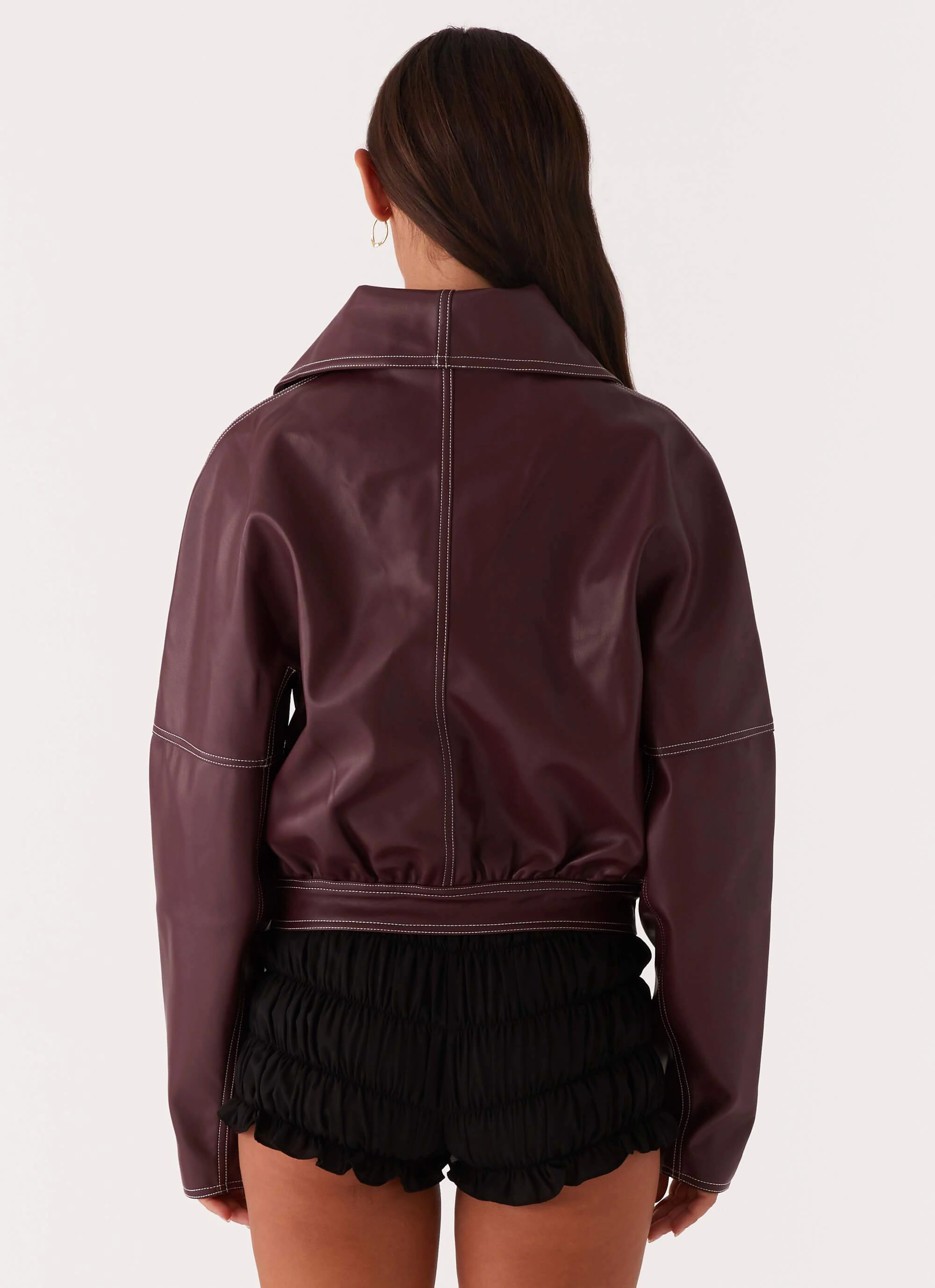 Ergonomic Cut Mesh Venting Meant To Be PU Boxy Jacket - Wine