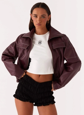 Meant To Be PU Boxy Jacket - Wine Lightweight Windbreaker Tech Soft Fleece
