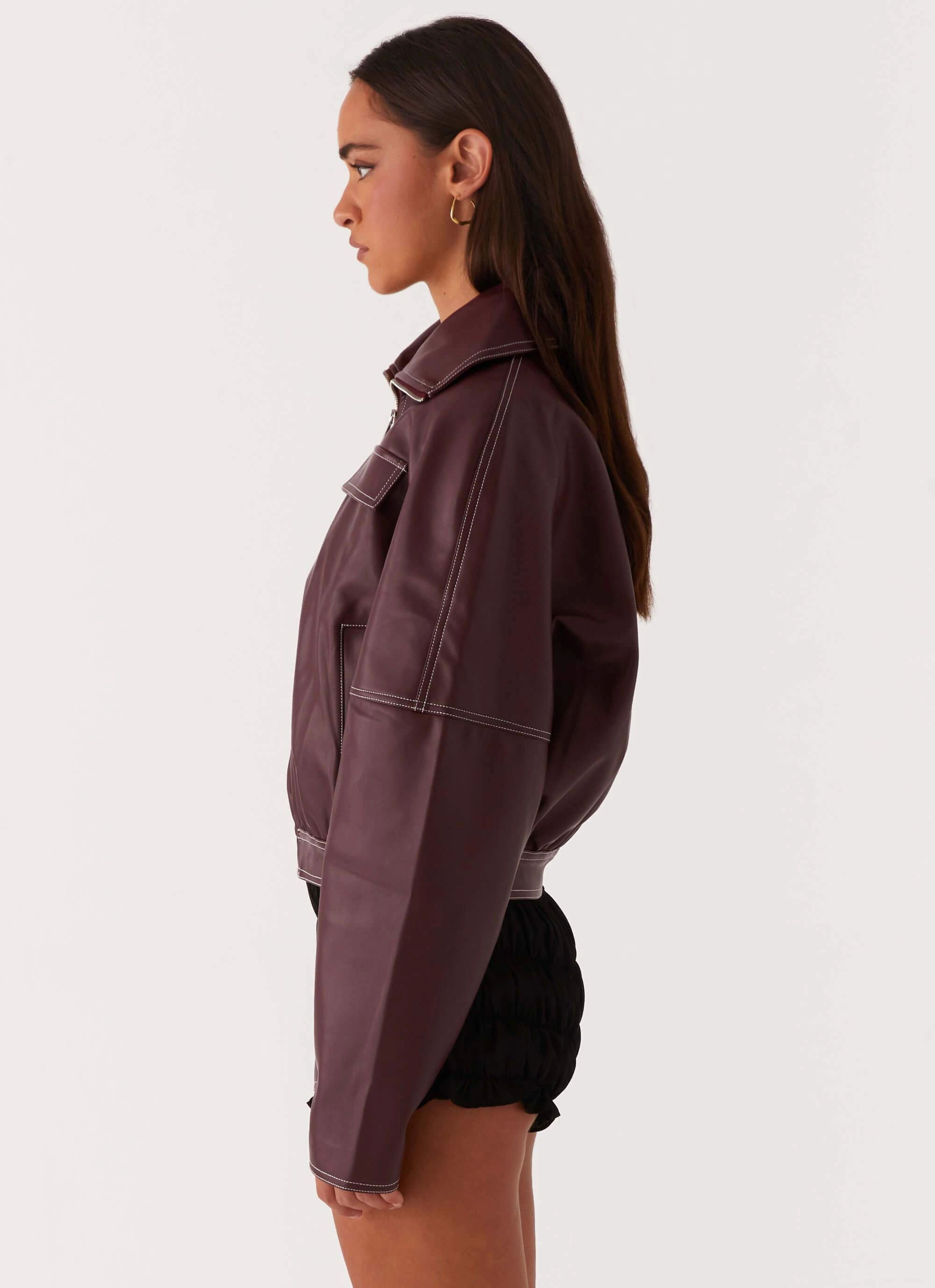 Frictionless Lining Seamless Edge Finishing Meant To Be PU Boxy Jacket - Wine