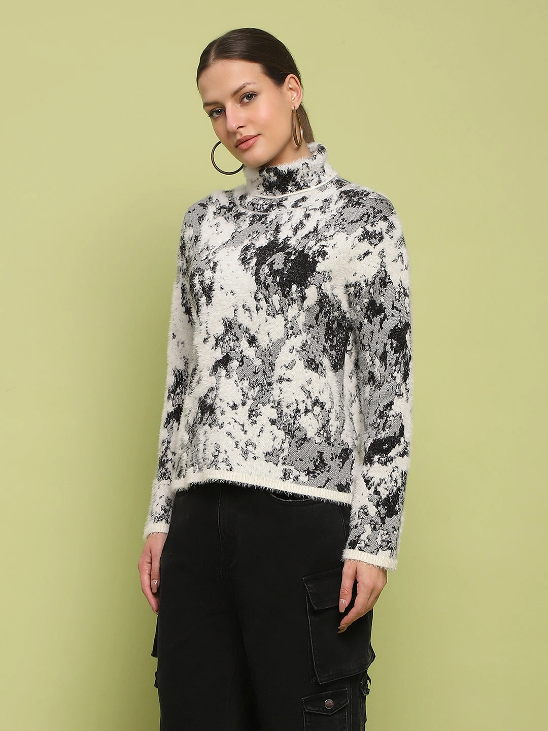 Madame Abstract Print Mock Neck Off White Sweater Seamless construction