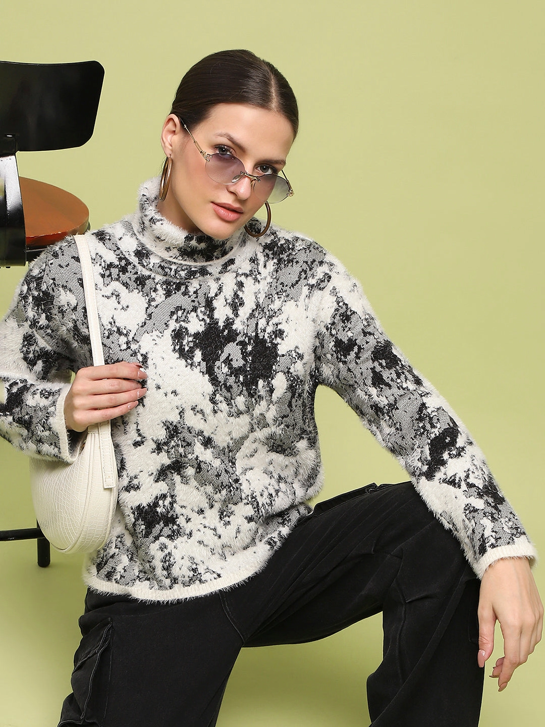 Madame Abstract Print Mock Neck Off White Sweater Cozy And Stylish Lightweight Knit