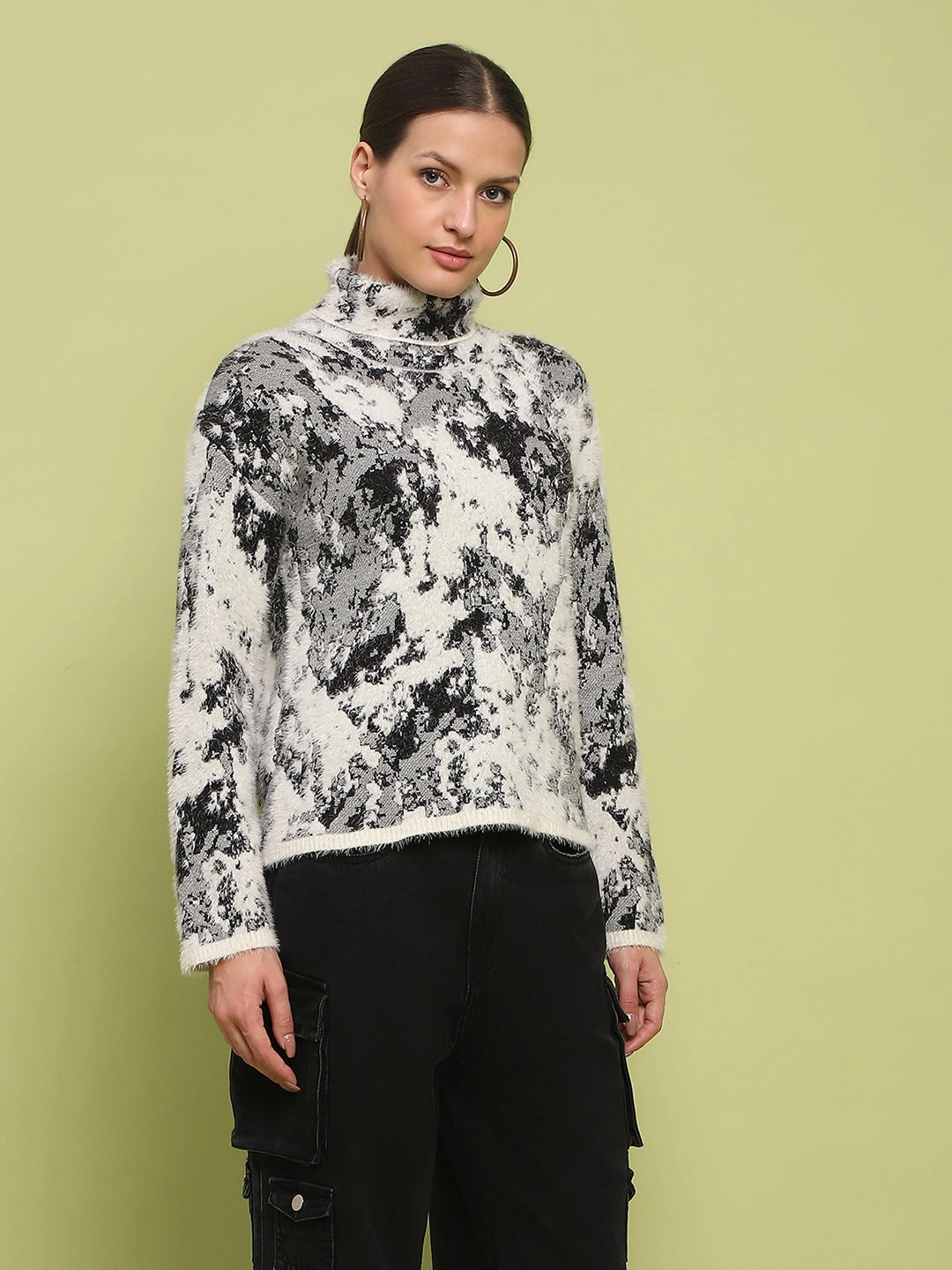 Madame Abstract Print Mock Neck Off White Sweater Ultimate Comfort