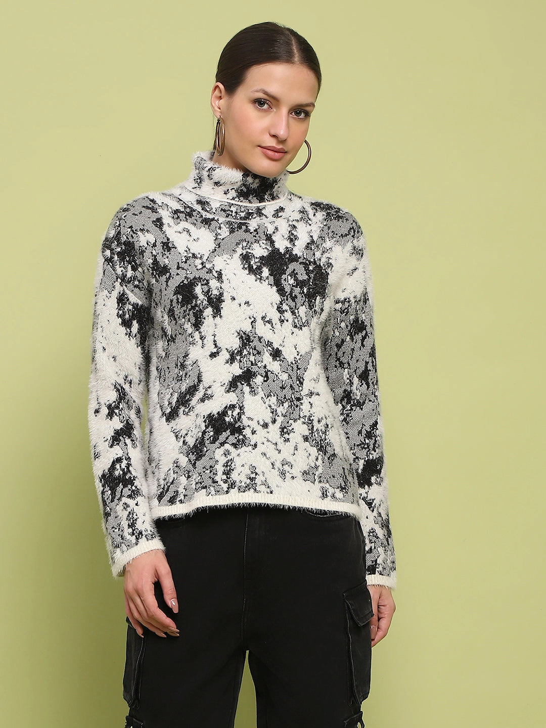 Madame Abstract Print Mock Neck Off White Sweater Oversized Silhouette