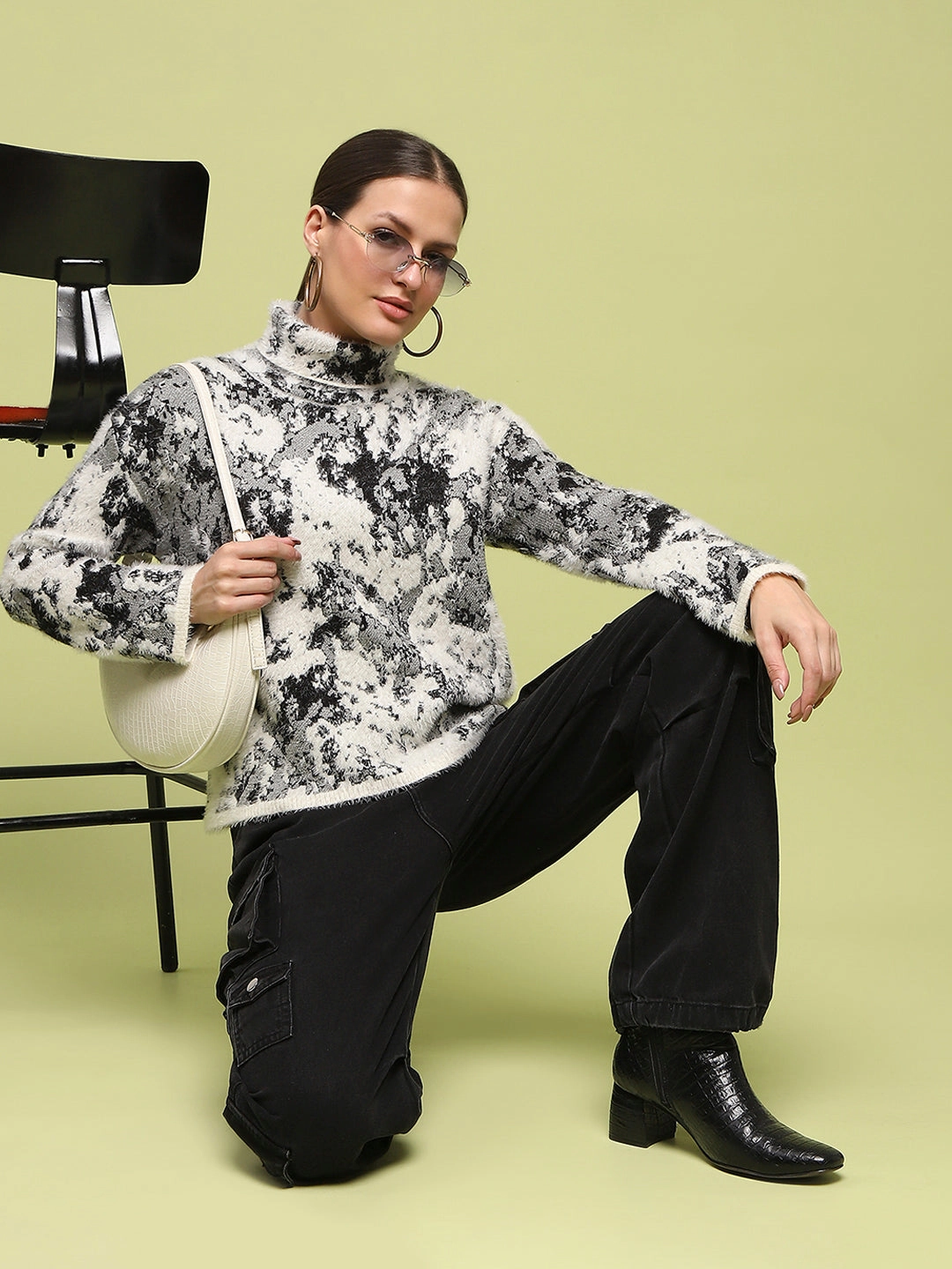 Madame Abstract Print Mock Neck Off White Sweater Sleek Wear Comfort Fit
