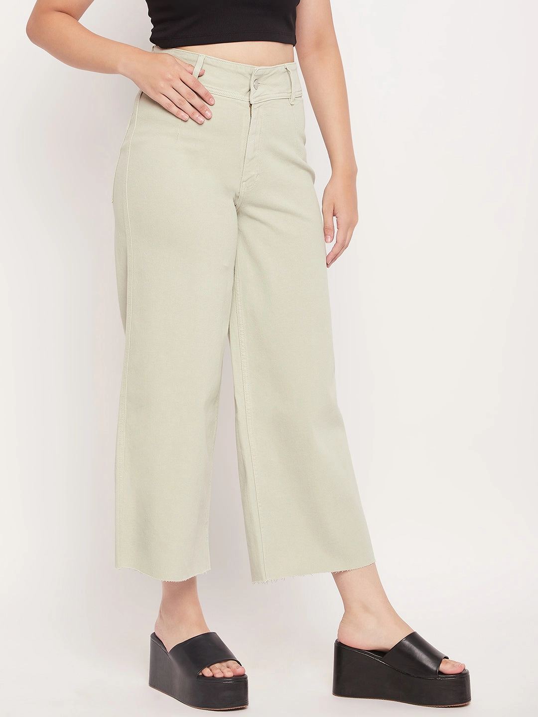Everyday Loose Music Event Madame Mint Green High Waist Wide Leg Ankle Length Jeans