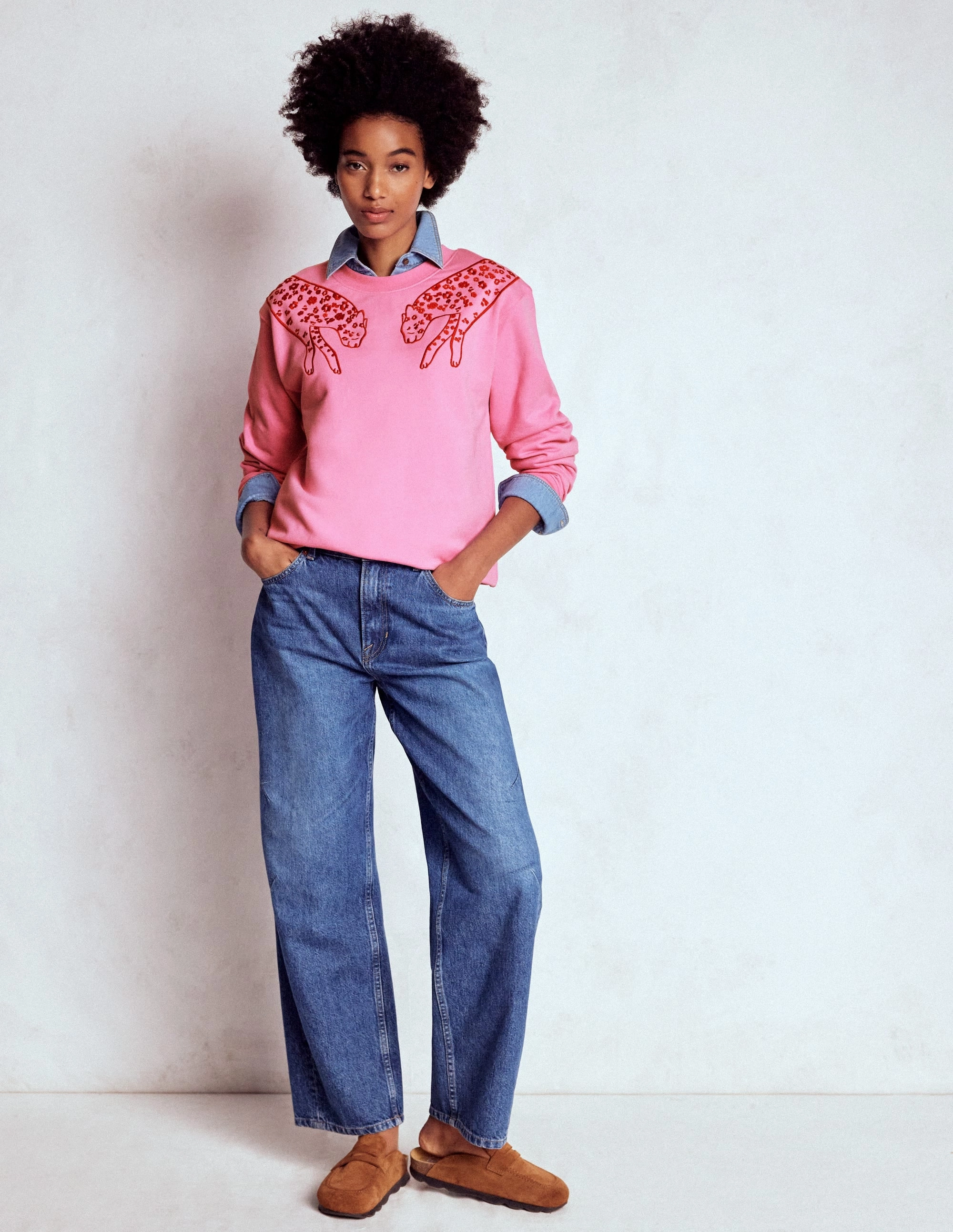 TemperatureRegulating Material Soft Touch Feel Emi Embroidered Sweatshirt-Leopard Embroidery