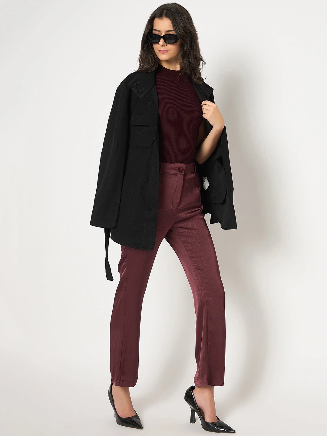 Quick Fit Design Sporty Cut Madame Straight Fit Solid Maroon Trousers