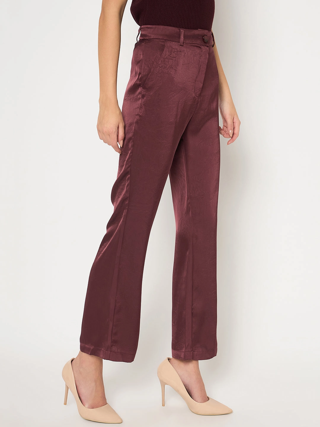 Elasticized Cuffs Freedom Fit Madame Straight Fit Solid Maroon Trousers