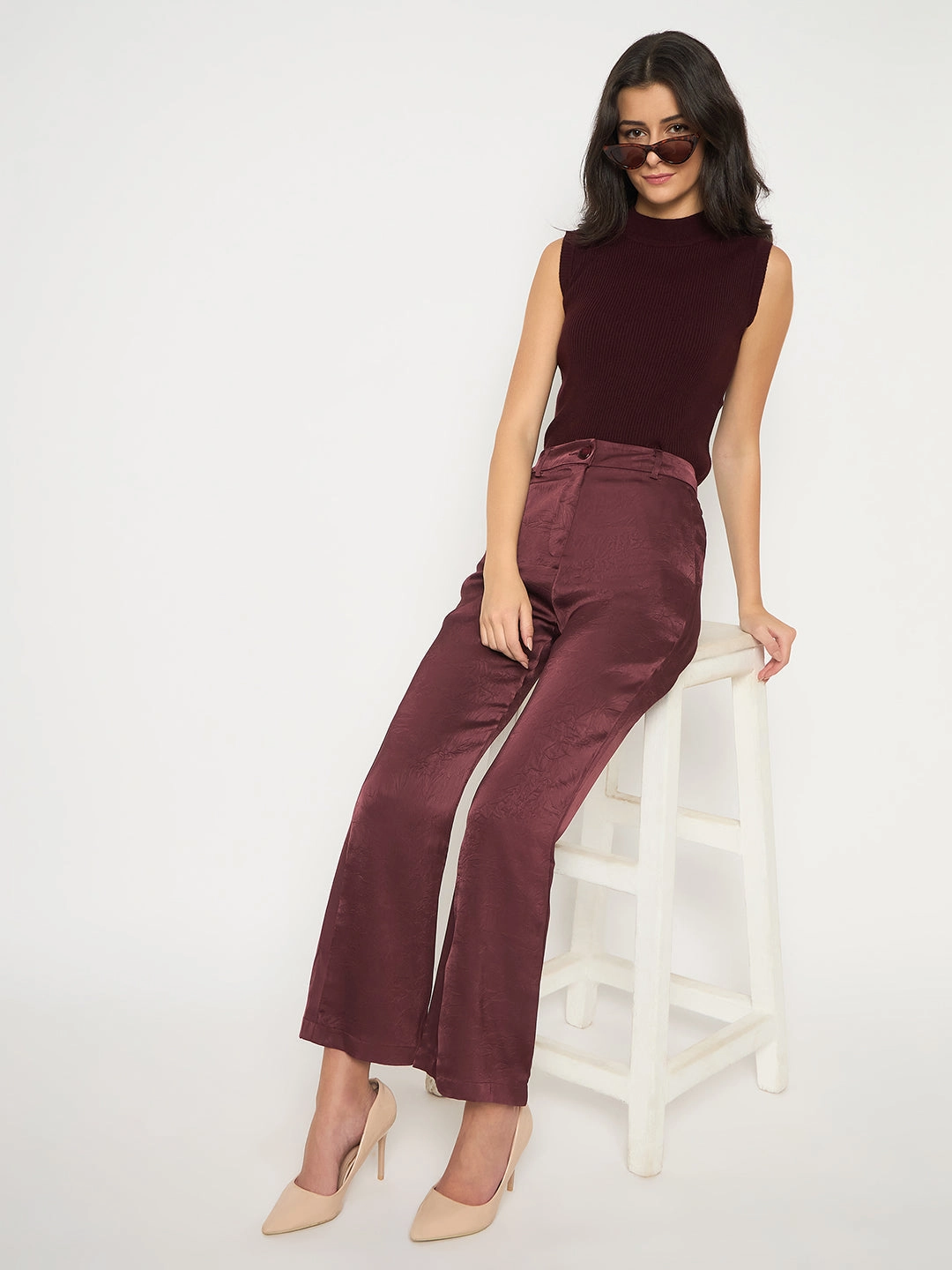 Madame Straight Fit Solid Maroon Trousers Compact Packability