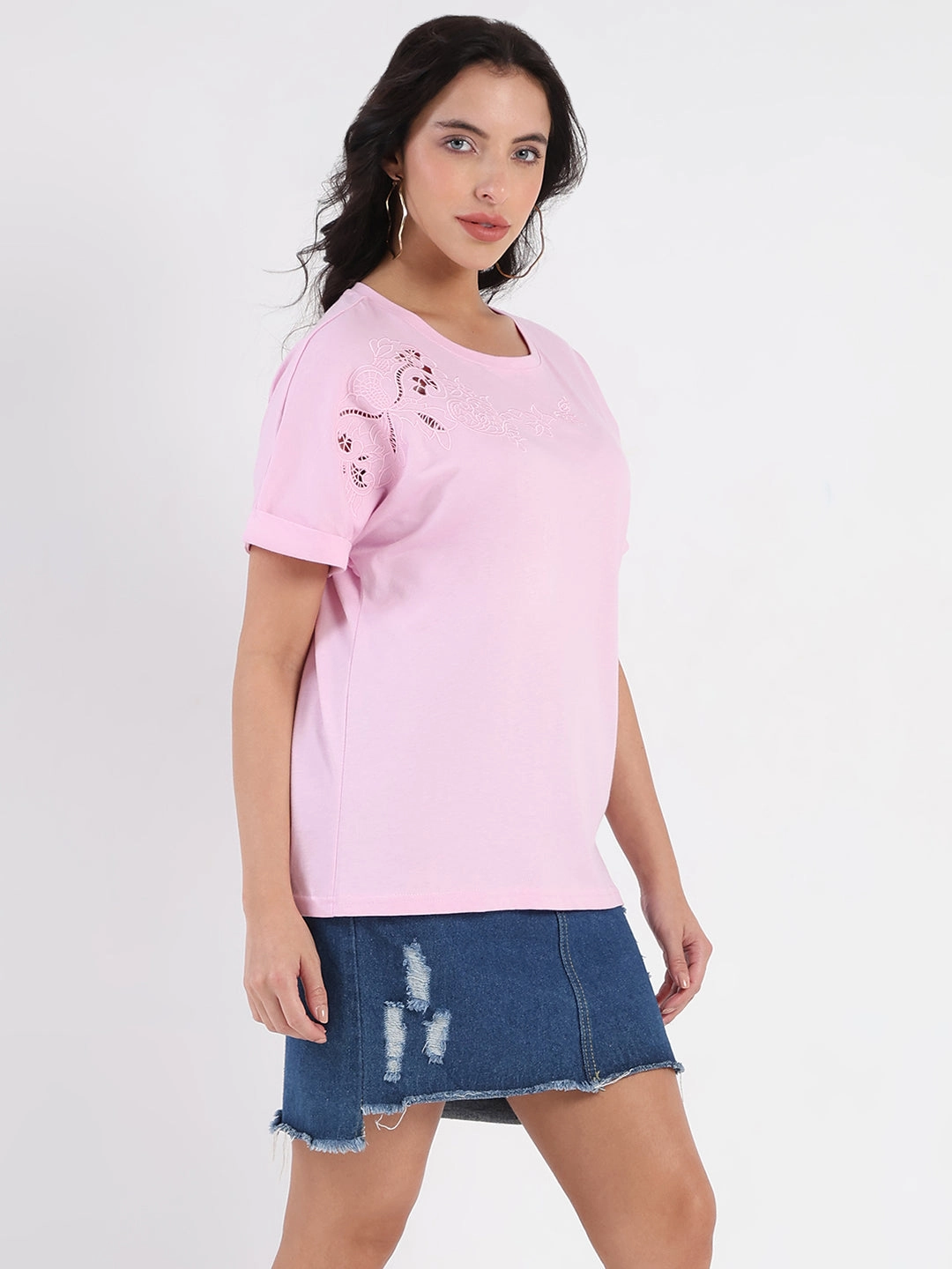 Matte Look Madame Embroidery Cutwork Detail Solid Lilac Cotton T-shirt