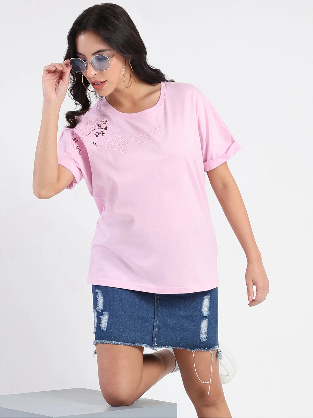 Comfy Comfort Madame Embroidery Cutwork Detail Solid Lilac Cotton T-shirt
