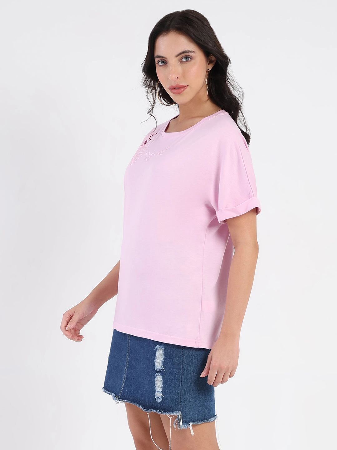 Madame Embroidery Cutwork Detail Solid Lilac Cotton T-shirt Sport Wear Seasonal Wear