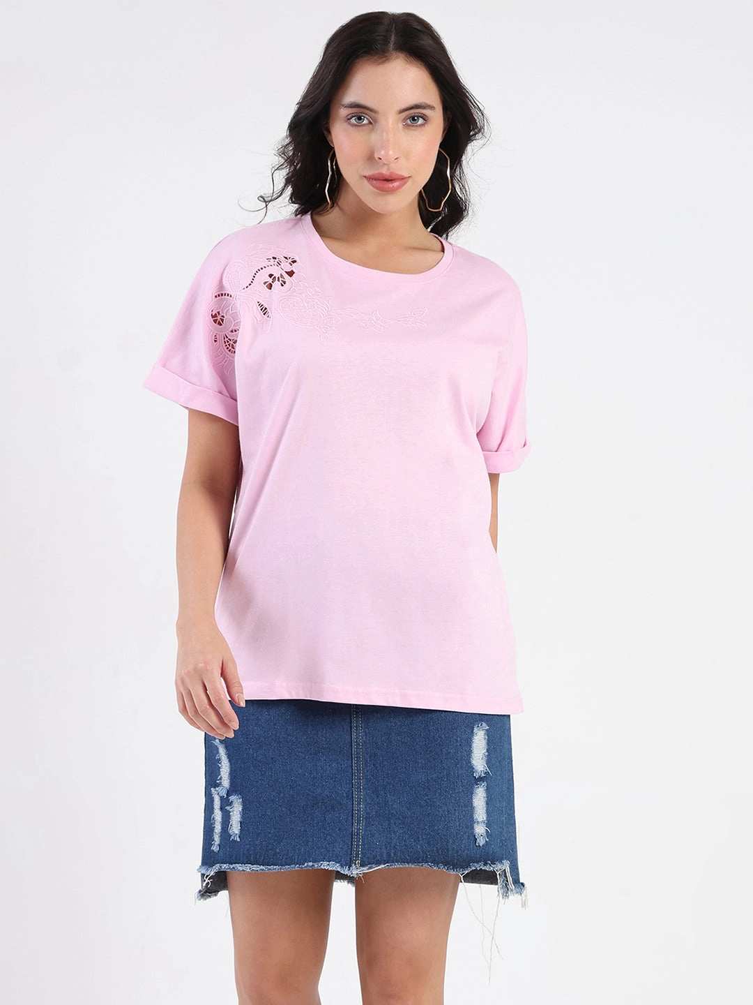 Sleeveless Madame Embroidery Cutwork Detail Solid Lilac Cotton T-shirt