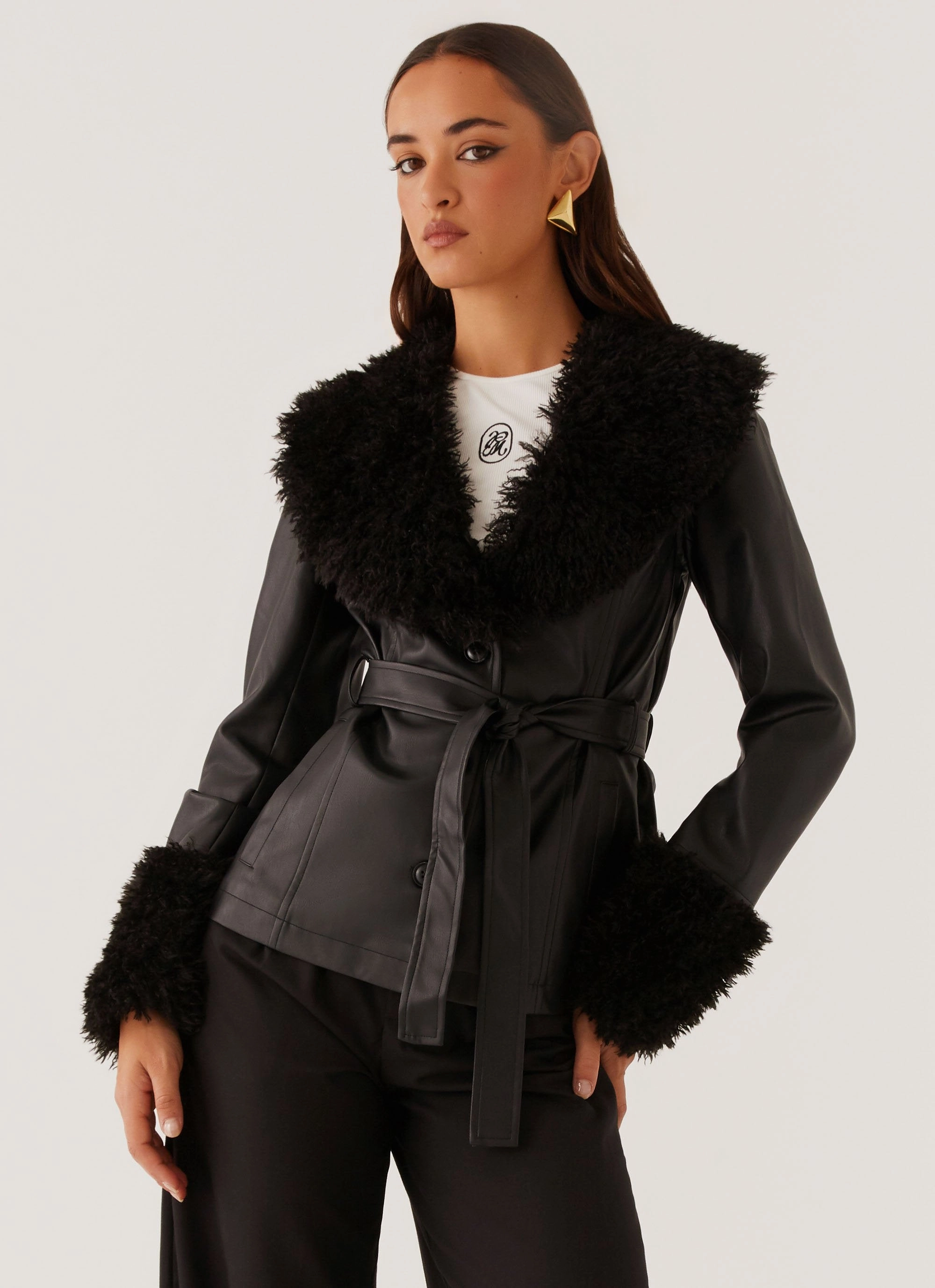 High Collar Options quick dry Street Lights Fur Trim Jacket - Black