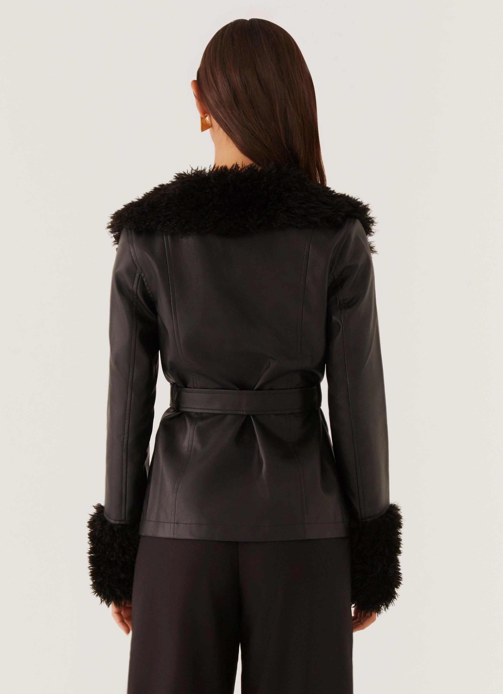 Thick Fabric Street Lights Fur Trim Jacket - Black