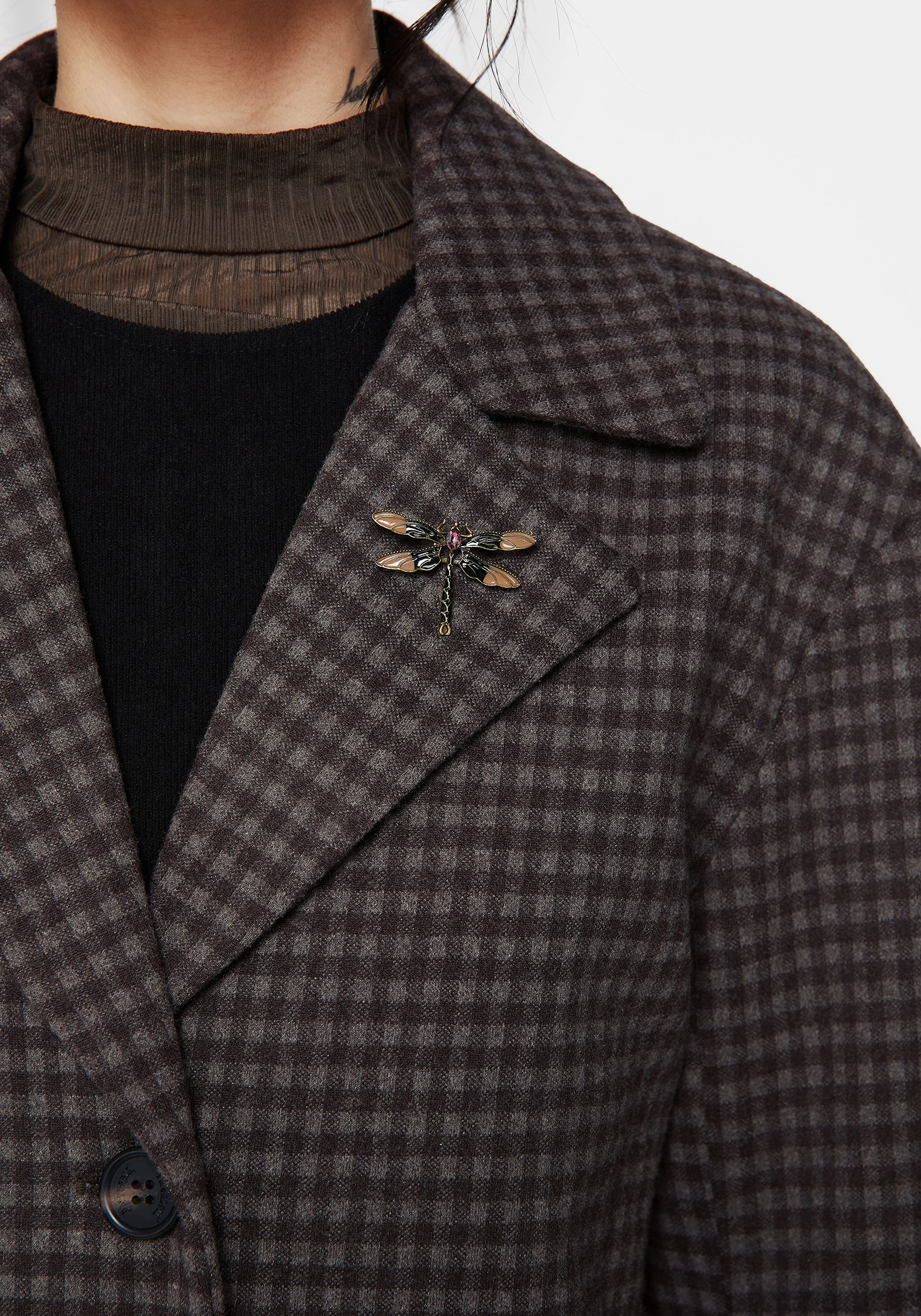 Compression Fold Design Pilgrim Gingham Coat With Dragonfly Brooch