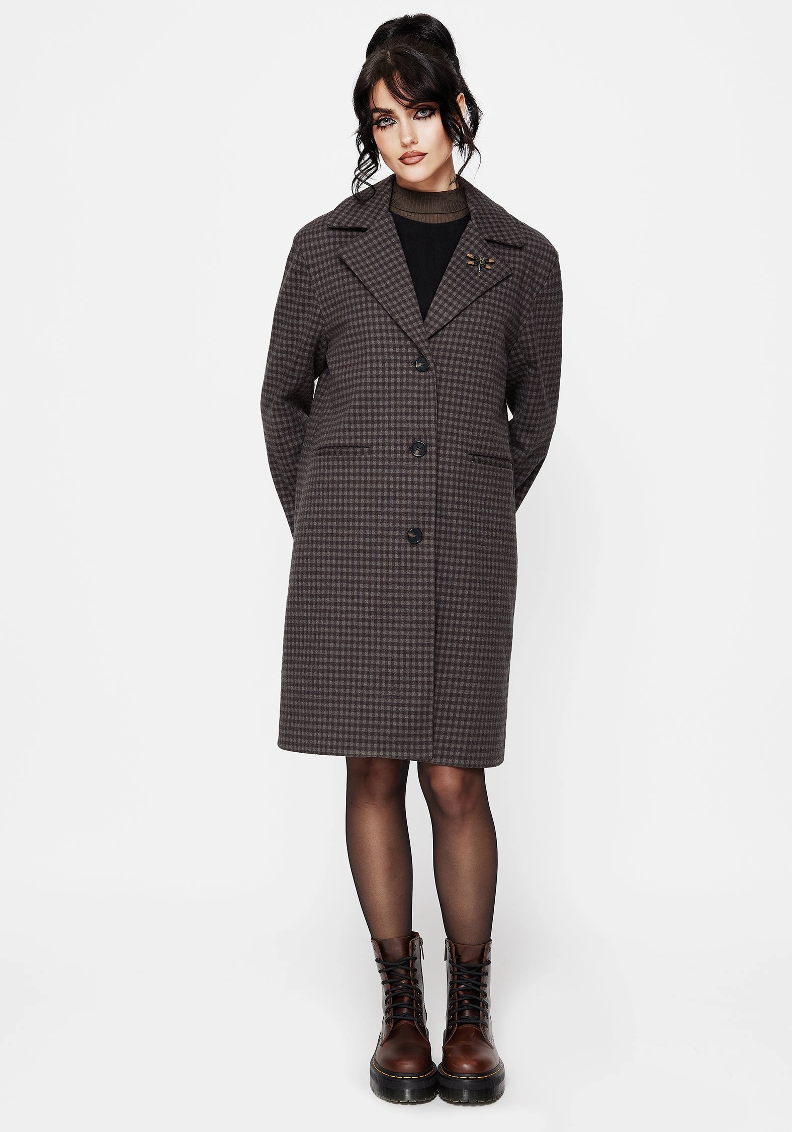 Pilgrim Gingham Coat With Dragonfly Brooch Cozy Texture