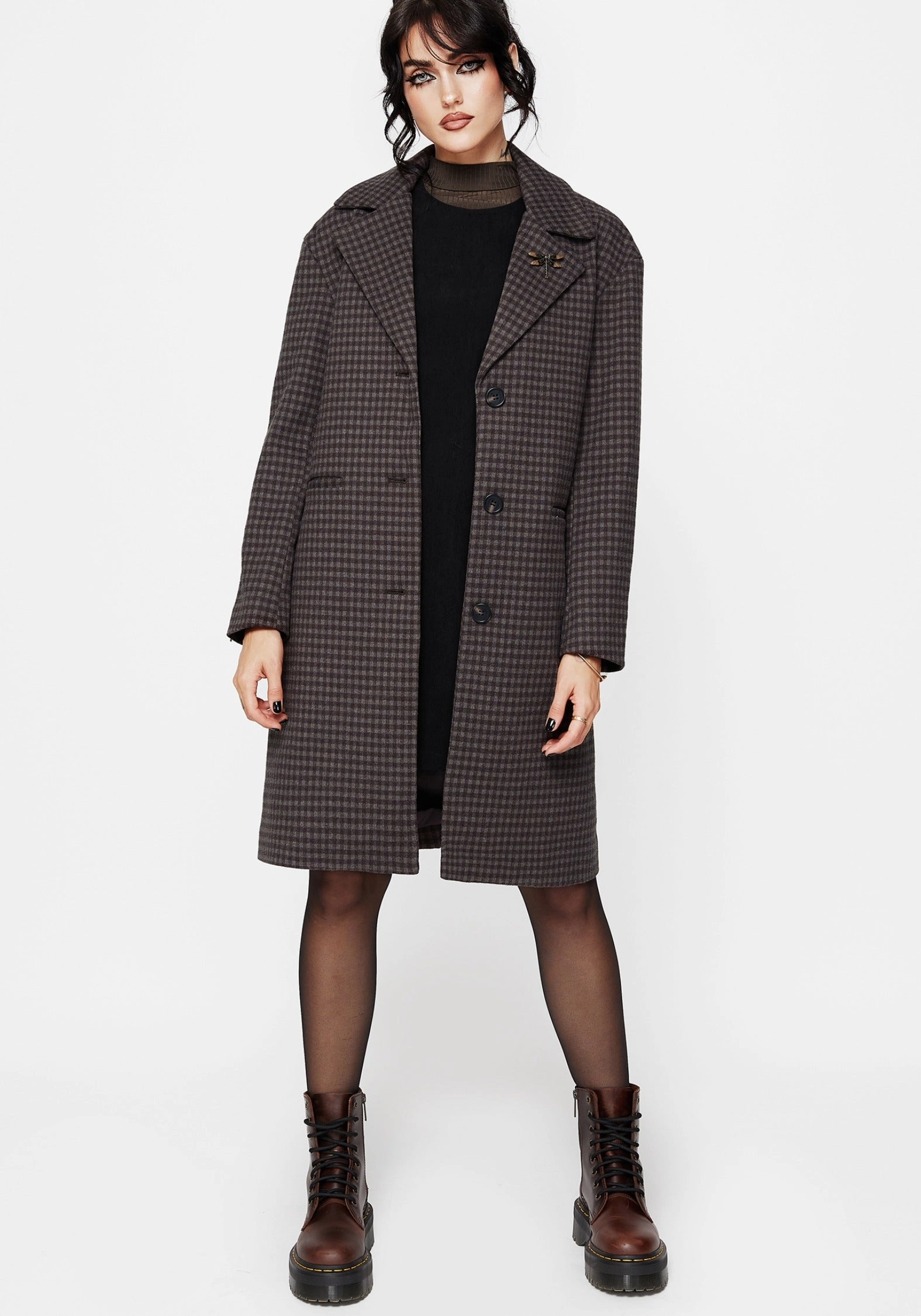 Bonded Edge Finish Pilgrim Gingham Coat With Dragonfly Brooch