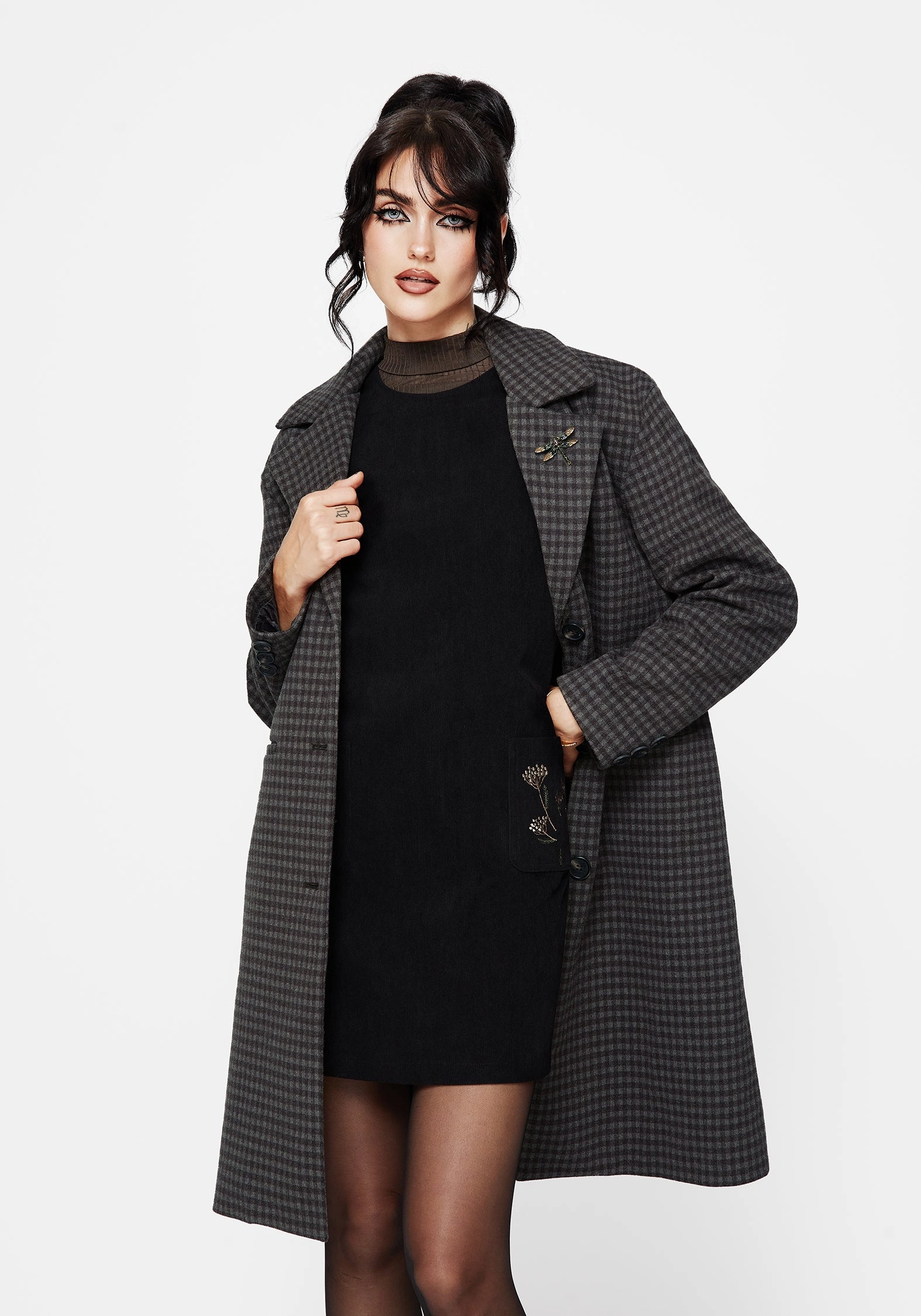 Textured Finish Fade Resistant Dye Pilgrim Gingham Coat With Dragonfly Brooch